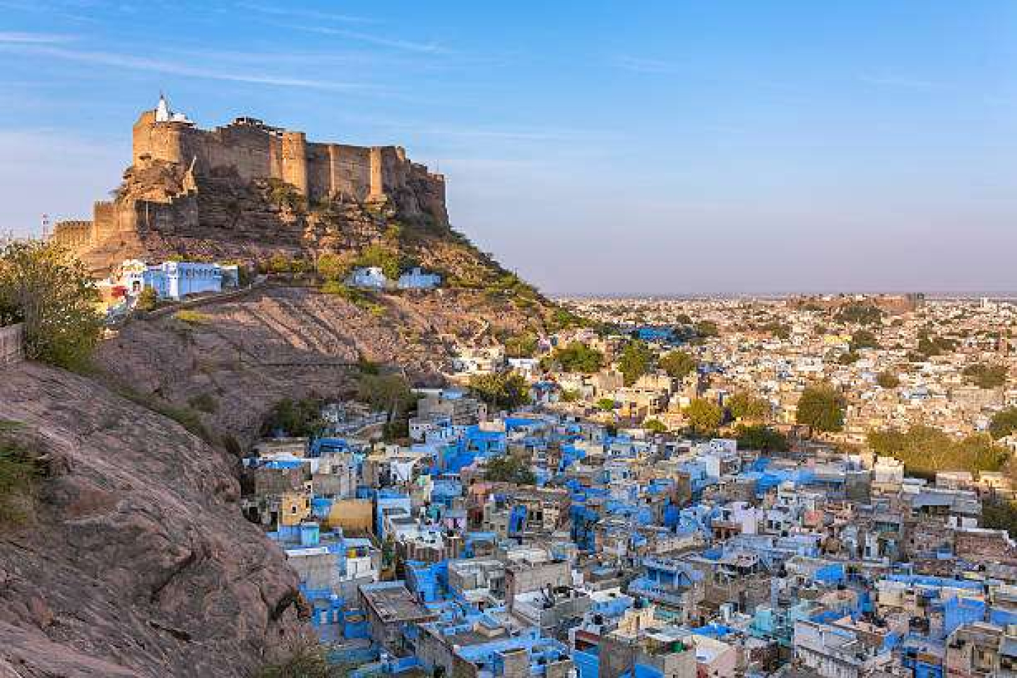 Blue city and Mehrangarh fort on the hill in Jodhpur, Rajasthan, India